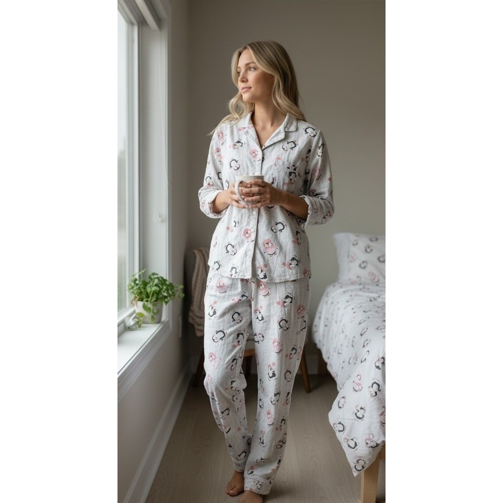 La Vie En Rose Pink Penguin Flannel Pajama Set Sz L Cotton‎ Button Down Cozycore